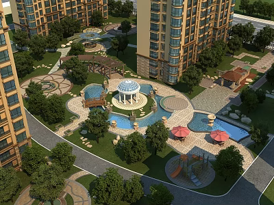 Residential Garden Landscape With Central Gazebo Fountains Ponds Green Lawns Trees And Playground 3d model