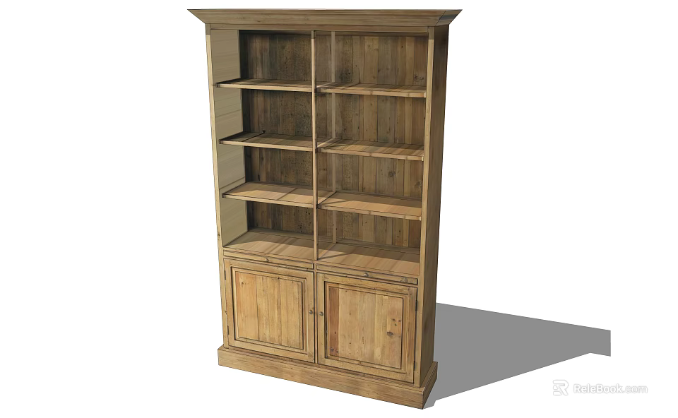 Rustic Wooden Bookcase With Open Shelves Lower Cabinet Doors And Storage Space 3d model 