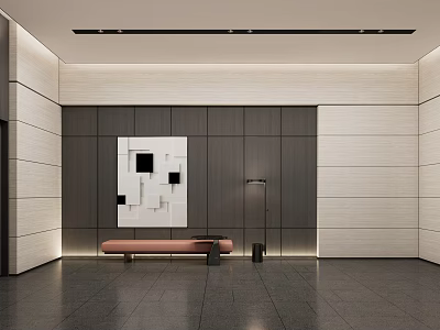 Modern Lounge Area With Gray White Walls Geometric Artwork Bench And Floor Lamp 3d model