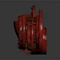 Red Circular Flanges Equipment With Various Sizes Arranged On Dark Background