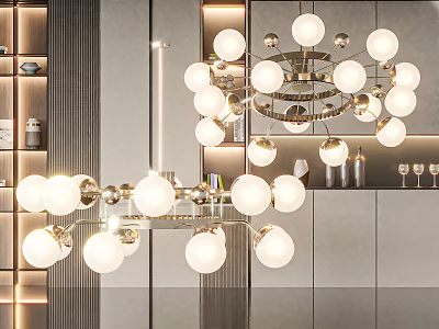 Modern Interior Design With White Globe Chandelier Metal Frame And Mirror Background Shelves 3d model