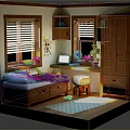 Cartoon Scene Of Cozy Room With Bed Desk Window Blinds Plant Cabinet And Rug