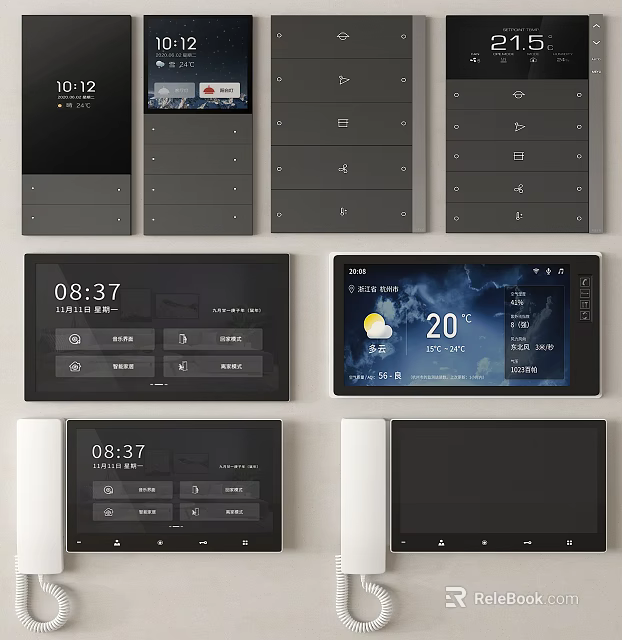 Smart Home Control Screens Showing Time Weather Temperature And Control Functions 3d model