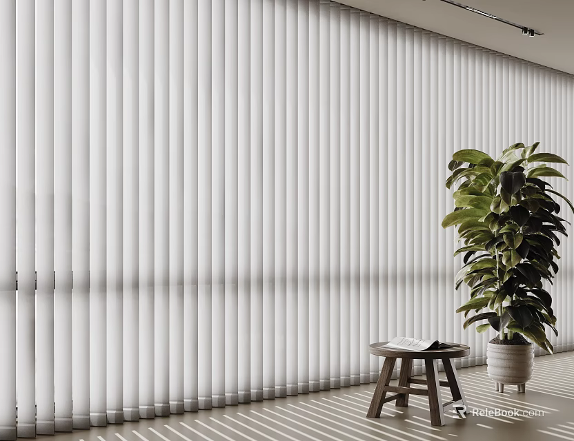 White Vertical Blinds in Interior Room with Green Plant and Small Wooden Stool 3d model 