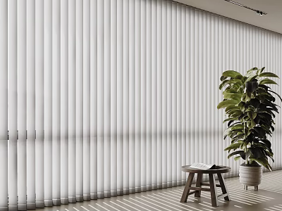 White Vertical Blinds in Interior Room with Green Plant and Small Wooden Stool 3d model