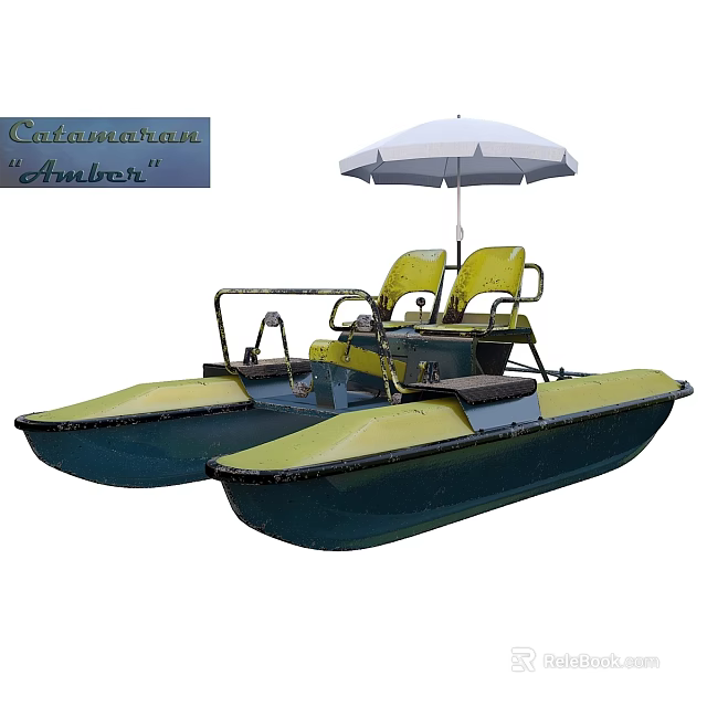 Ambar Catamaran With Yellow Seats And White Umbrella For Water Leisure Activities 3d model 