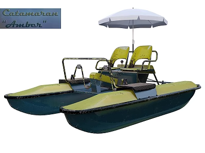 Ambar Catamaran With Yellow Seats And White Umbrella For Water Leisure Activities 3d model