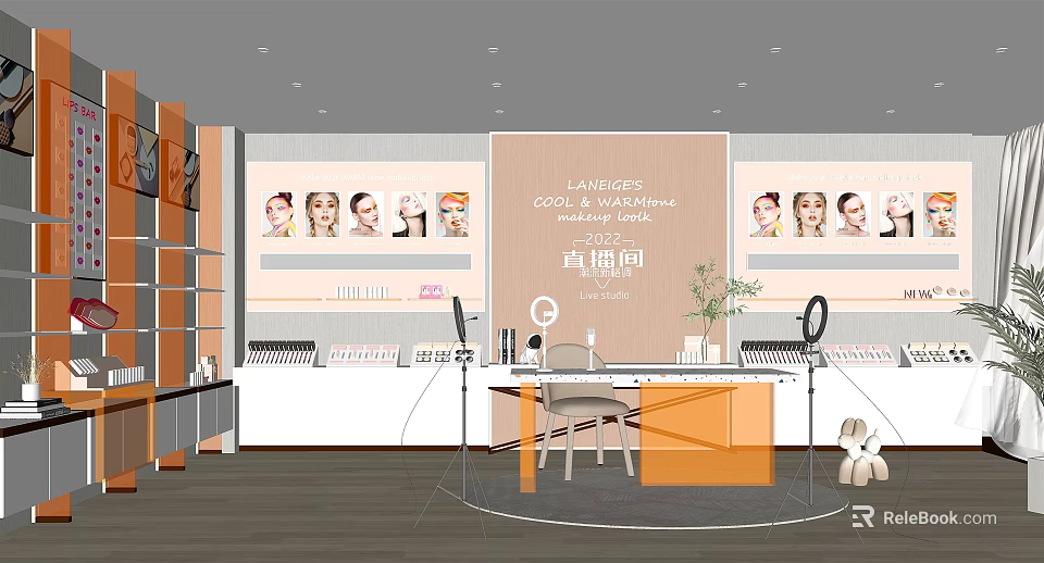Public Workspace for Live Streaming Workshop with Modern Display Shelves Model Images and Workstation 3d model 