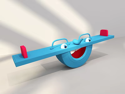 Blue Kids Seesaw With Smiley Face Red Seats And Round Tire Base 3d model