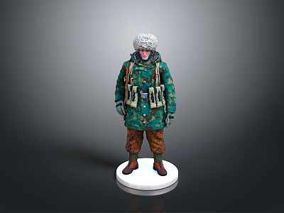 Military Figure Model In Camouflage Uniform With Fur Hat On White Base 3d model