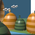 Cartoon Style Dome Buildings With Orange Green Stripes And River Small Trees Clouds