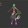 Futuristic Game Movie Character With White Hair Green Black Outfit Holding Tech Weapon