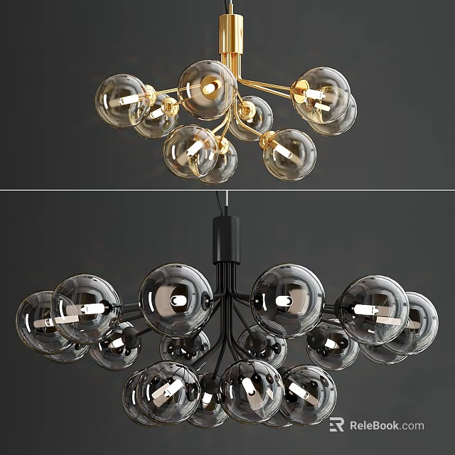 Modern Chandelier With Multiple Transparent Glass Balls And Golden Black Frames 3d model 