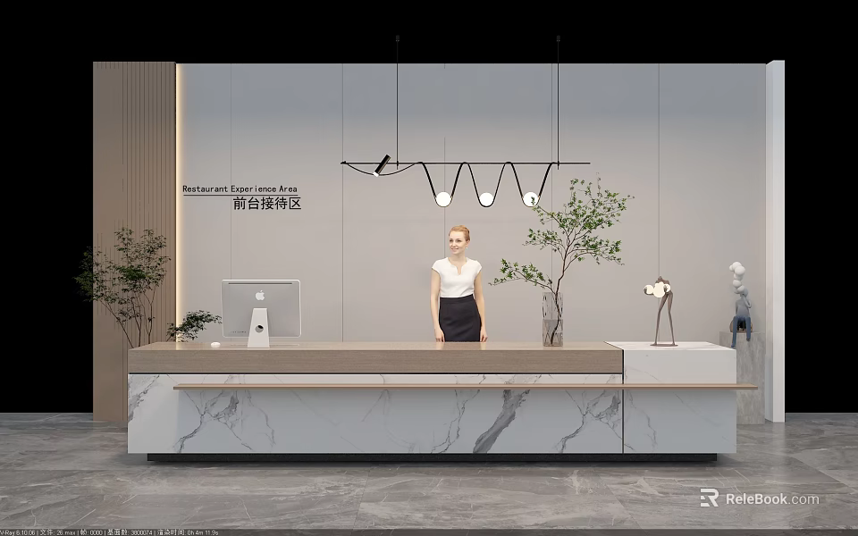 Modern Interior Design Reception Area With Marble Desk Receptionist Hanging Lights And Green Plants 3d model 