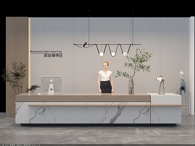 Modern Interior Design Reception Area With Marble Desk Receptionist Hanging Lights And Green Plants 3d model
