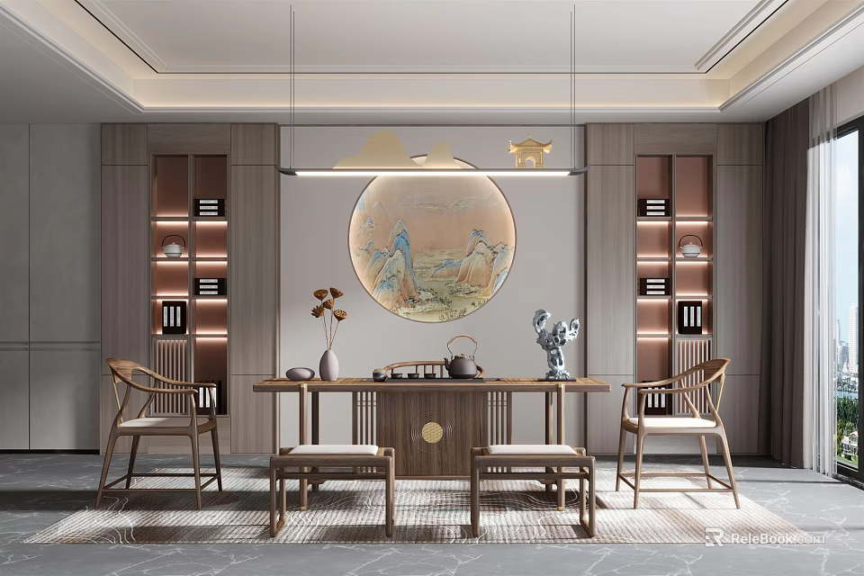 Traditional Chinese Tea Room Interior With Wooden Table Chairs Decorative Painting And Bookshelves 3d model 