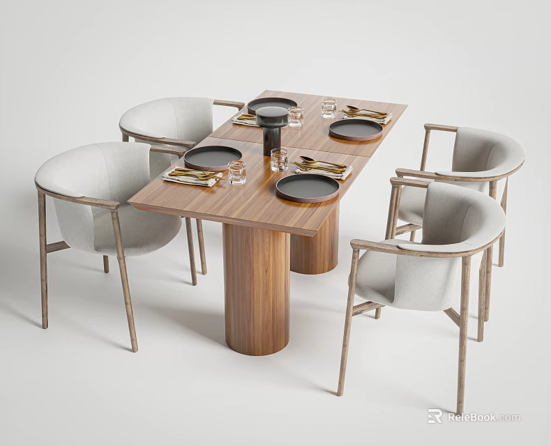 Dining Table Set With Four Metal Frame Chairs Light Gray Seats Wooden Legs And Tableware 3d model 