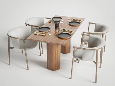 Dining Table Set With Four Metal Frame Chairs Light Gray Seats Wooden Legs And Tableware 3d model