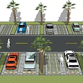 Eco Friendly Parking Lot With Palm Trees Grass Parking Spaces And Vehicles