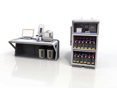 Industrial Workbench With Computer Equipment Containers And Storage Cabinet With Batteries 3d model