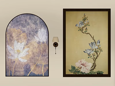 Arched And Rectangular Decorative Paintings With Lotus Magnolia And Pink Flowers 3d model