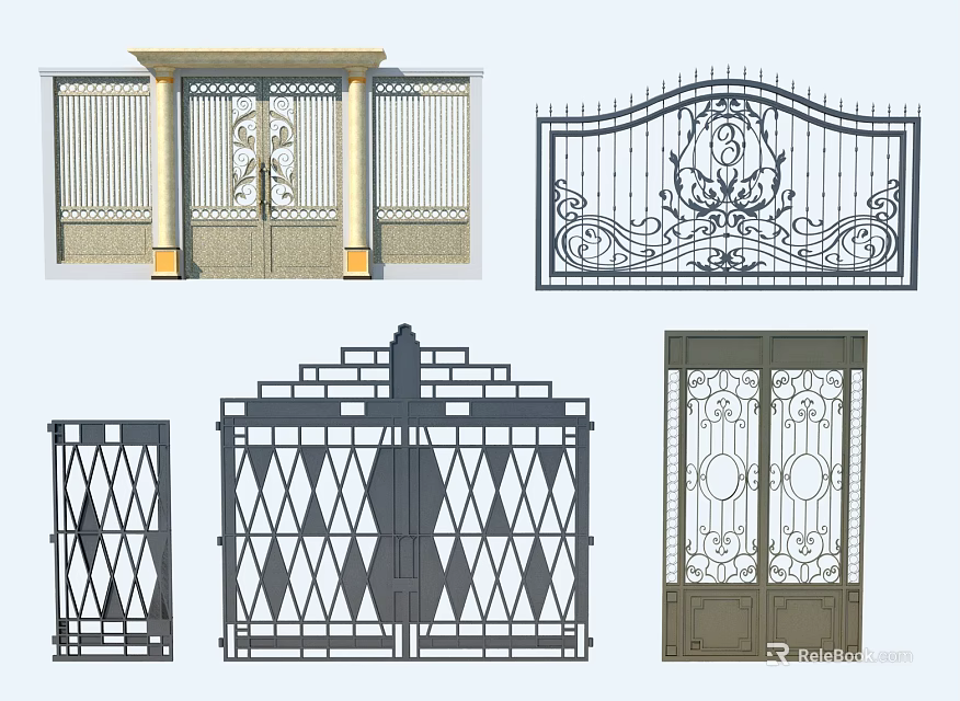 Various Wrought Iron Entrance Gates With Intricate Carvings And Geometric Patterns 3d model 
