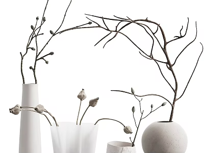 Minimalist White And Gray Vases With Dry Branches And Buds For Home Decor 3d model