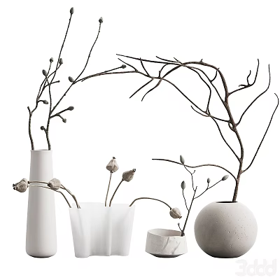 Minimalist White And Gray Vases With Dry Branches And Buds For Home Decor 3d model