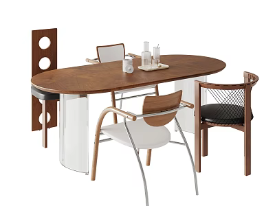 Modern Wooden Oval Dining Table Set With Various Designed Chairs And Tabletop Decorations 3d model