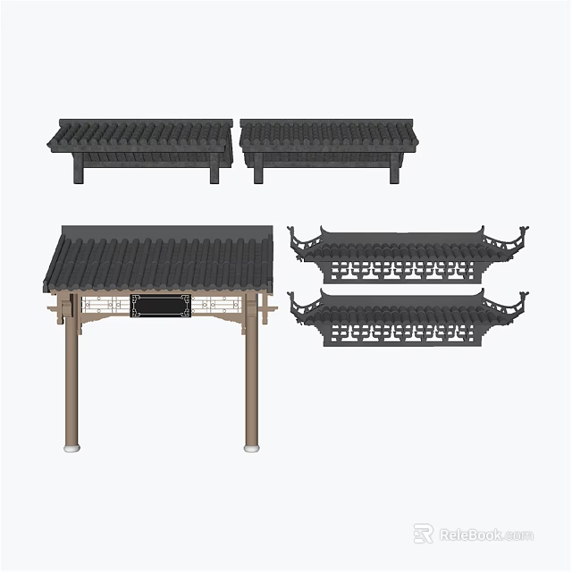 Traditional Chinese Architectural Components Featuring Classic Roof Designs Carved Wooden Decorations And Archway Structures 3d model 