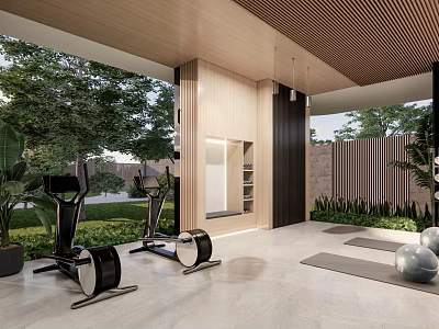 Indoor Home Gym With Elliptical Exercise Bike Yoga Mat Fitness Balls Green Plants Natural Light 3d model