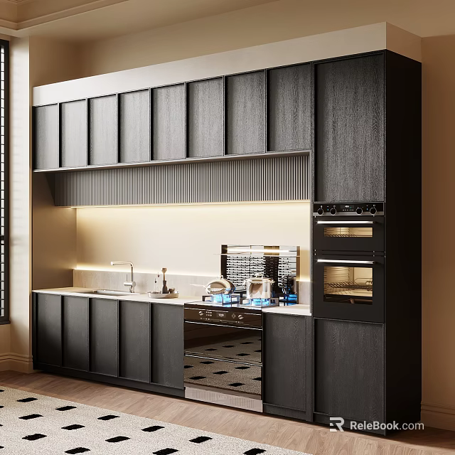 Modern Dark Colored Kitchen Cabinets With Countertop Sink And Oven Appliances 3d model 