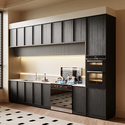 Modern Dark Colored Kitchen Cabinets With Countertop Sink And Oven Appliances 3d model