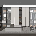 Elegant Modern Walk-in Closet Interior With Glass Door Cabinets Sofa Mirror And Rug