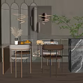 Modern Dining Table Set With Grey And Pink Chairs Marble Decor And Green Plant