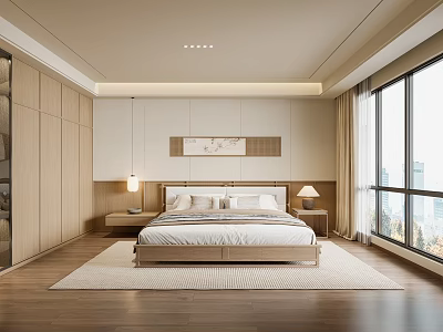 Contemporary Bedroom Interior With Wooden Flooring King Bed And Floor To Ceiling Windows 3d model