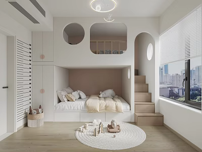 Modern Kids Room With Bunk Bed Stairs Circular Windows Round Rug Toys And Wooden Floor 3d model