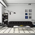 Modern Living Dining Room Interior Design With Black Leather Sofa Coffee Table And Wall Decor Art