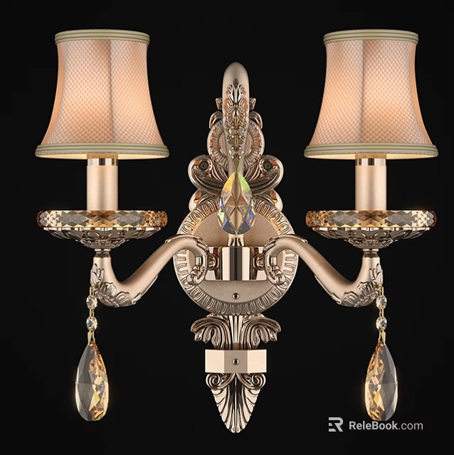 Classic Style Wall Lamp With Beige Lampshades Carved Metal And Crystal Pendants 3d model 