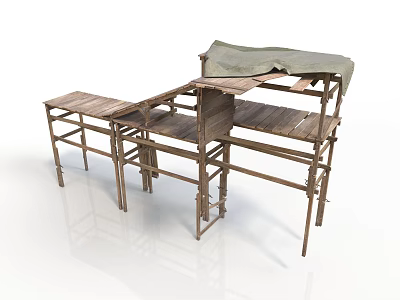 Old Rusty Metal Framed Wooden Structure With Tattered Canvas Cover 3d model