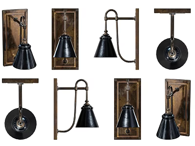 Vintage Metal Wall Lamps With Black Shades And Wooden Backplates In Various Designs 3d model