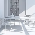 Modern Dining Table Set With Orange And Beige Chairs Concrete Wall And Shelves