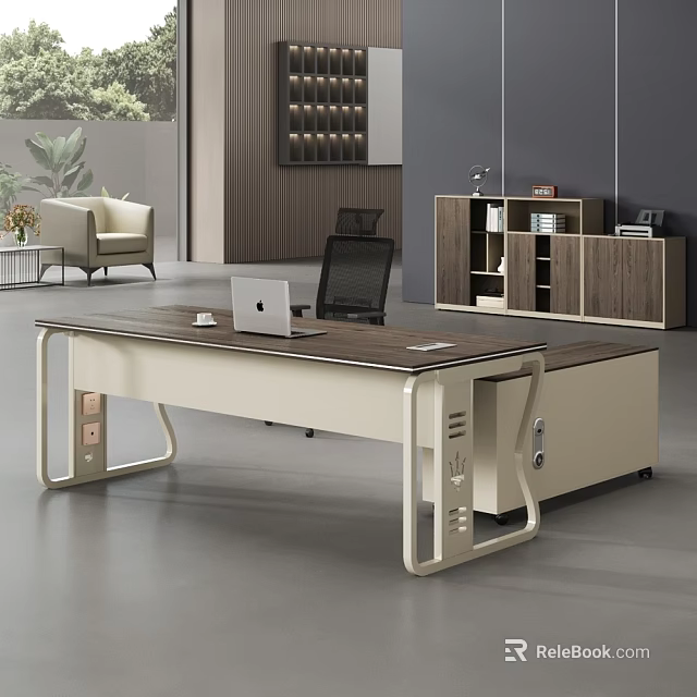 Modern Office Workspace With Large Desk Laptop Chair And Bookshelf Cabinet 3d model 
