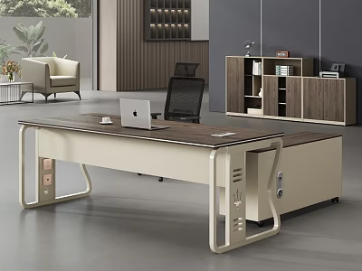 Modern Office Workspace With Large Desk Laptop Chair And Bookshelf Cabinet 3d model