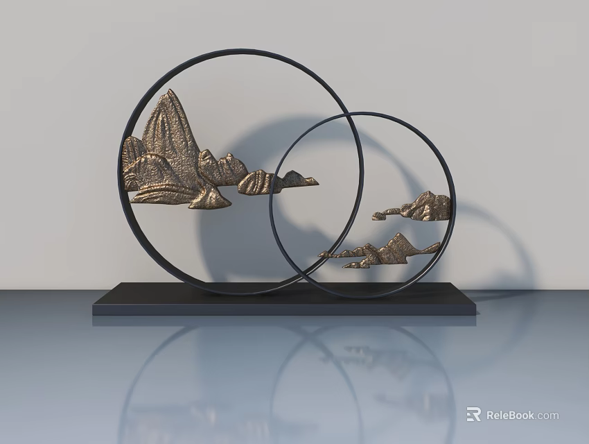 Modern Hinged Door With Circular Metal Frames And Mountain Pattern Decor 3d model