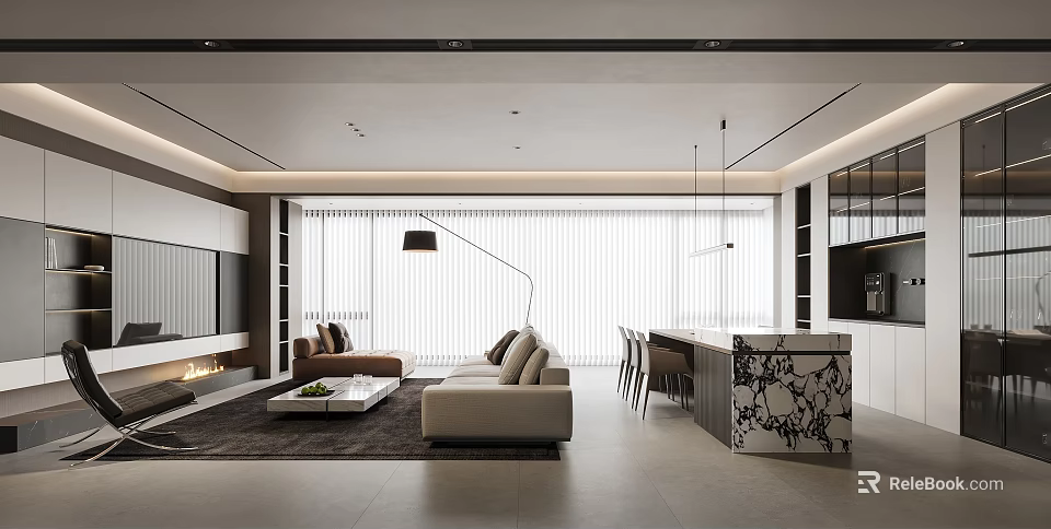 Modern Dining and Living Room Interior With Beige Sofa Coffee Table And Pendant Lights 3d model 