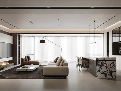 Modern Dining and Living Room Interior With Beige Sofa Coffee Table And Pendant Lights 3d model