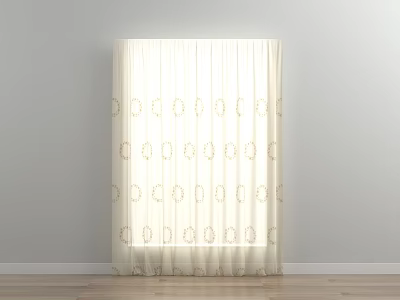 Elegant Beige Curtains With Golden Patterns Against Gray Wall And Wooden Floor 3d model
