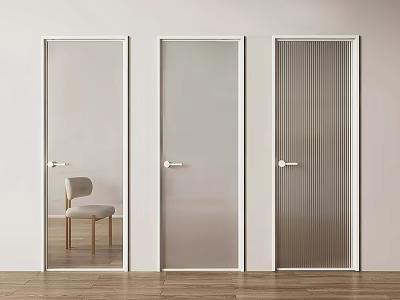 Three Modern Hinged Doors With Clear Frosted And Ribbed Glass White Frames 3d model