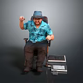 Man Sitting On Chair With Blue Floral Shirt Gray Hat And Electronic Devices